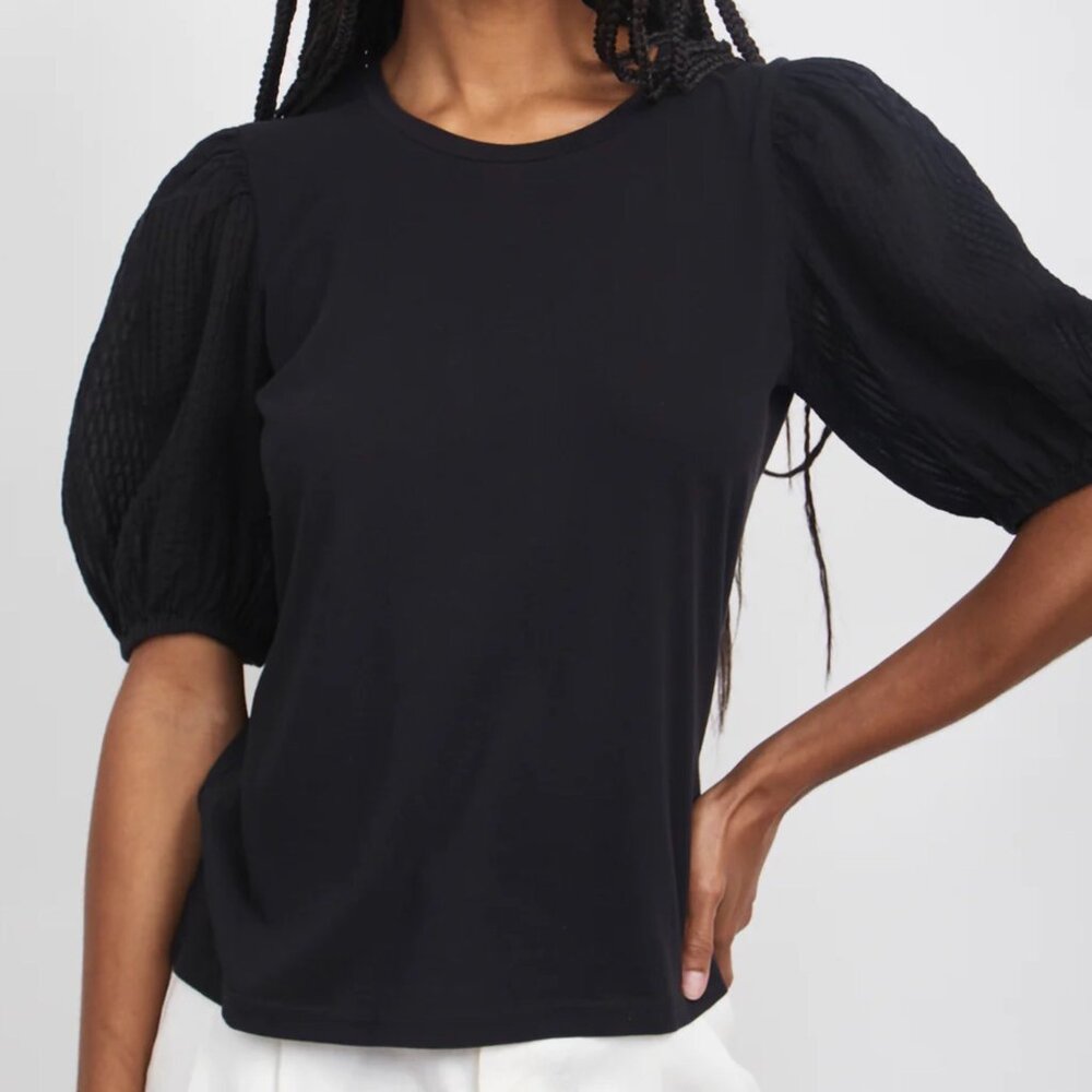 Rails Anthropologie Large Black Top Short Sleeve Liza Puff Sleeve Pintuck Blouse